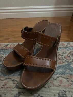 COACH Women's Kendra Sandal Sz 10 Platform Heel Strappy Slide Mule Cognac Brown